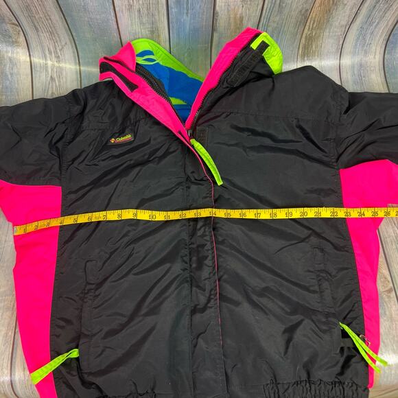 Columbia Vintage Ski Jacket 90s Large Neon Bugaboo Double Layer Coat Black Pink - Picture 6 of 8